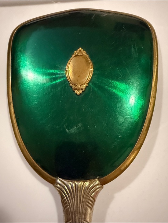 Accessories - Vintage Art Deco Emerald Green Guilloché Enamel Hand Mirror 1920s Unmarked
